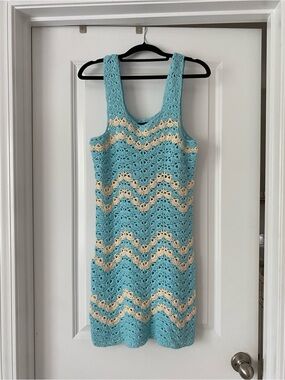 Vici Crochet Dress in Aqua and Cream